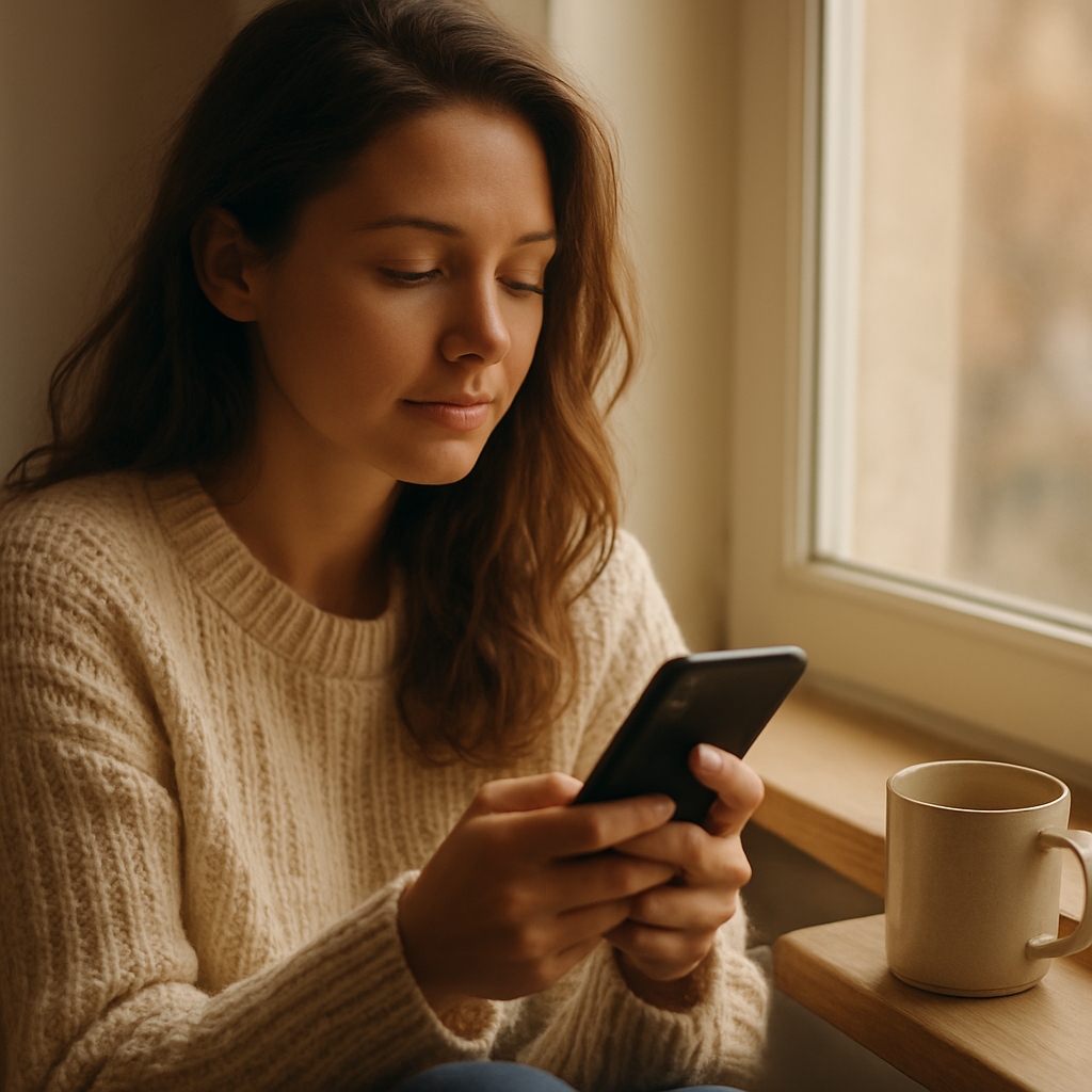 A woman using The Zoé Life app by a window